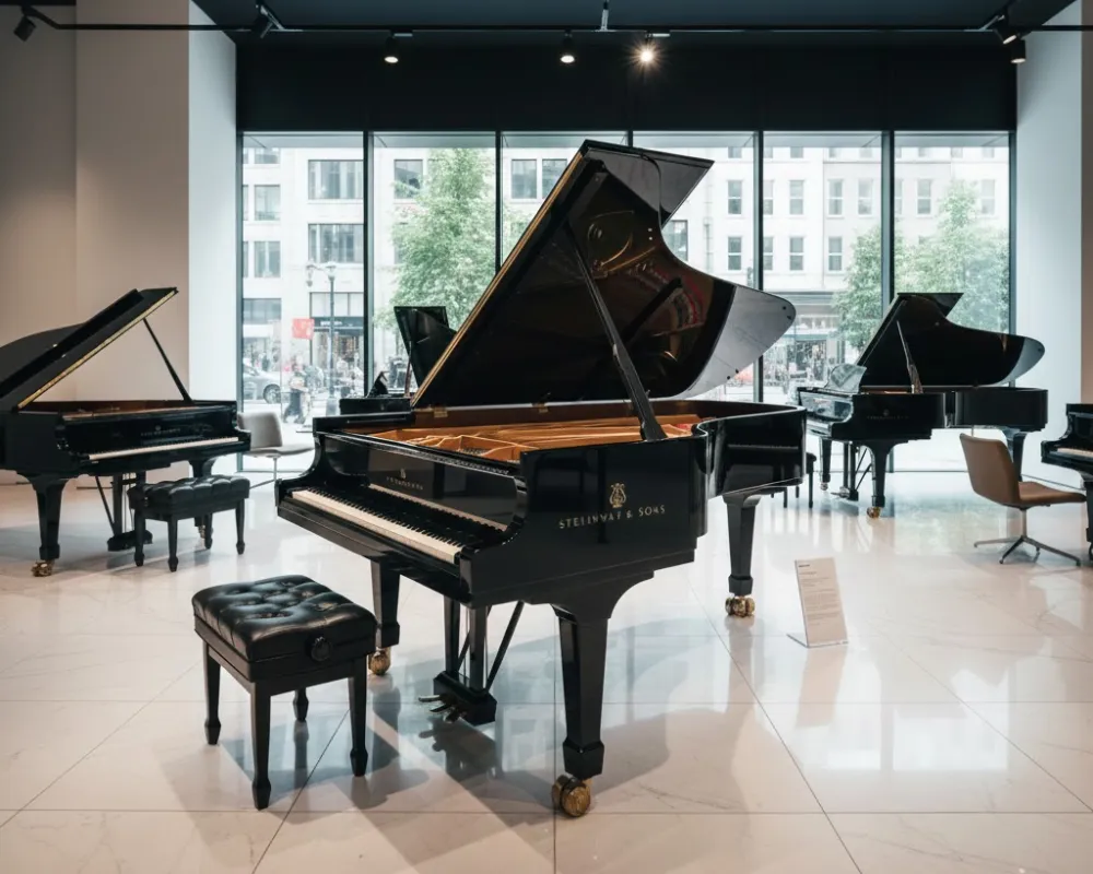 Elegant grand piano displayed in showroom
