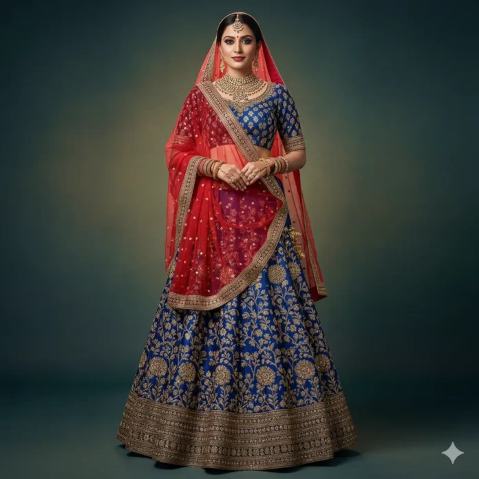 Model wearing traditional lehenga choli studio