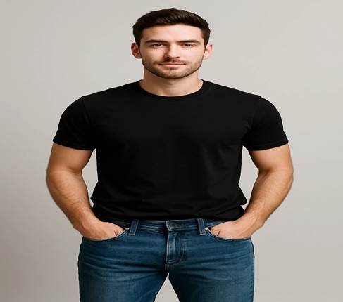 Black shirt with blue jeans outfit