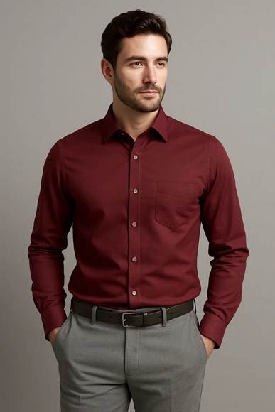 Maroon shirt with grey pants outfit