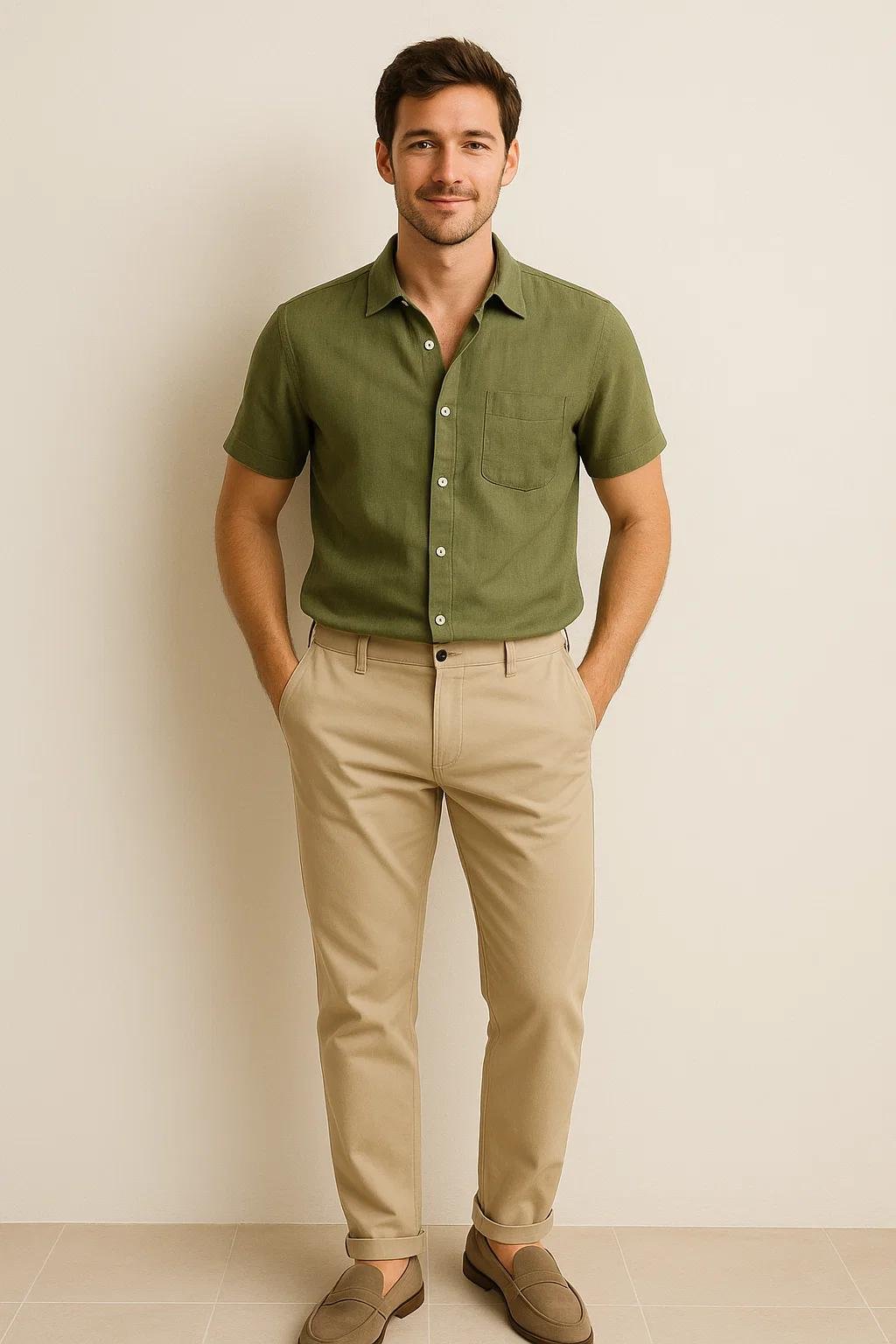 Olive green shirt with beige chinos outfit