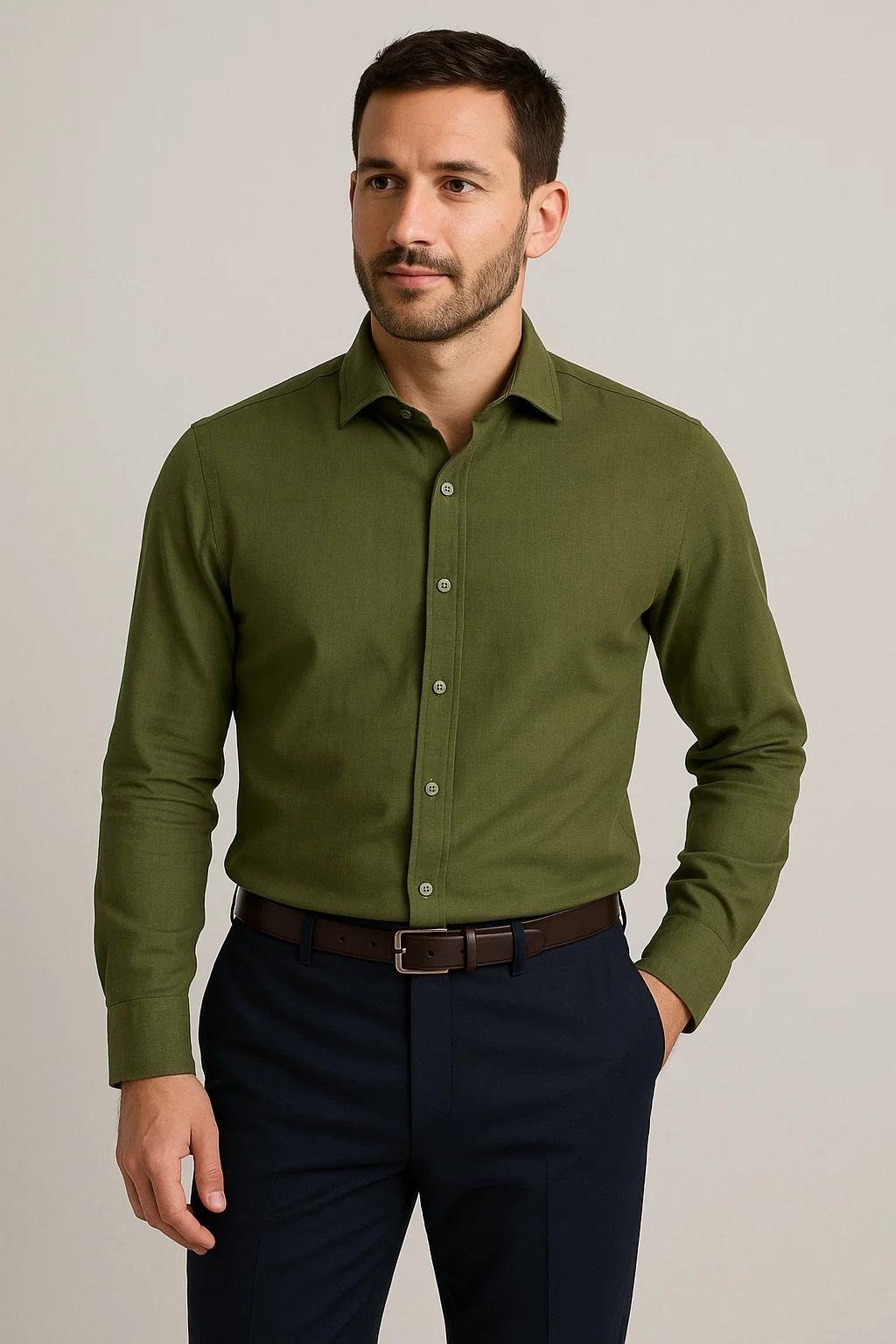 Olive green shirt with navy trousers outfit