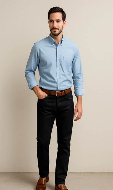 Black jeans with light blue shirt