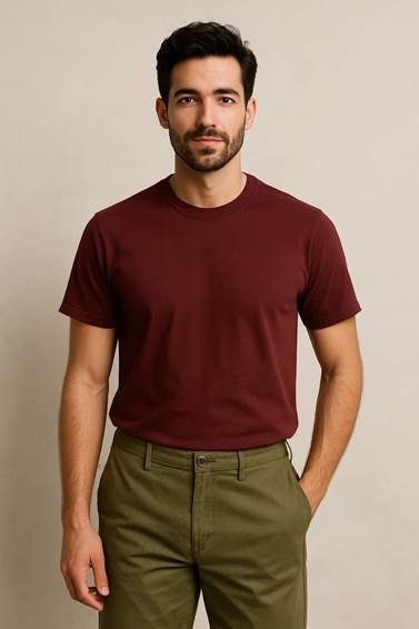 Maroon shirt with khaki olive green pants