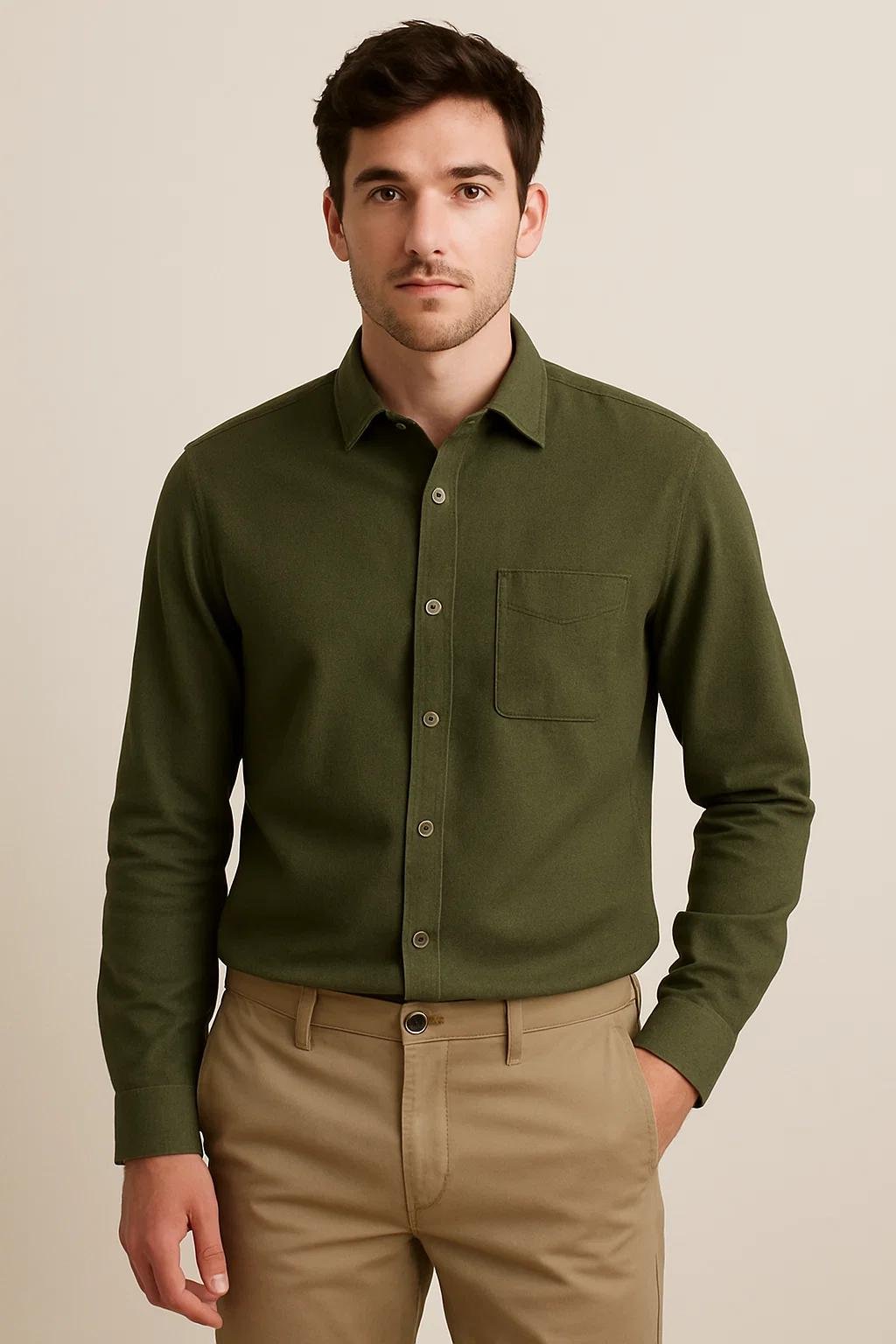 Olive green shirt with khaki pants outfit