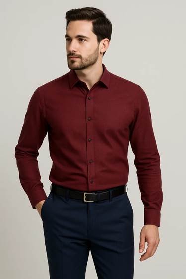 Maroon shirt with navy blue pants outfit