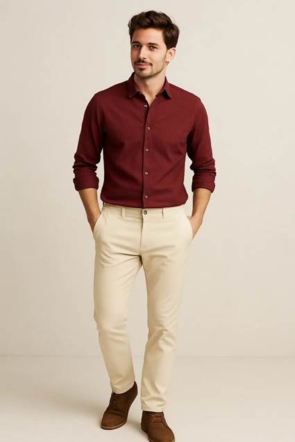 Maroon shirt with beige cream pants